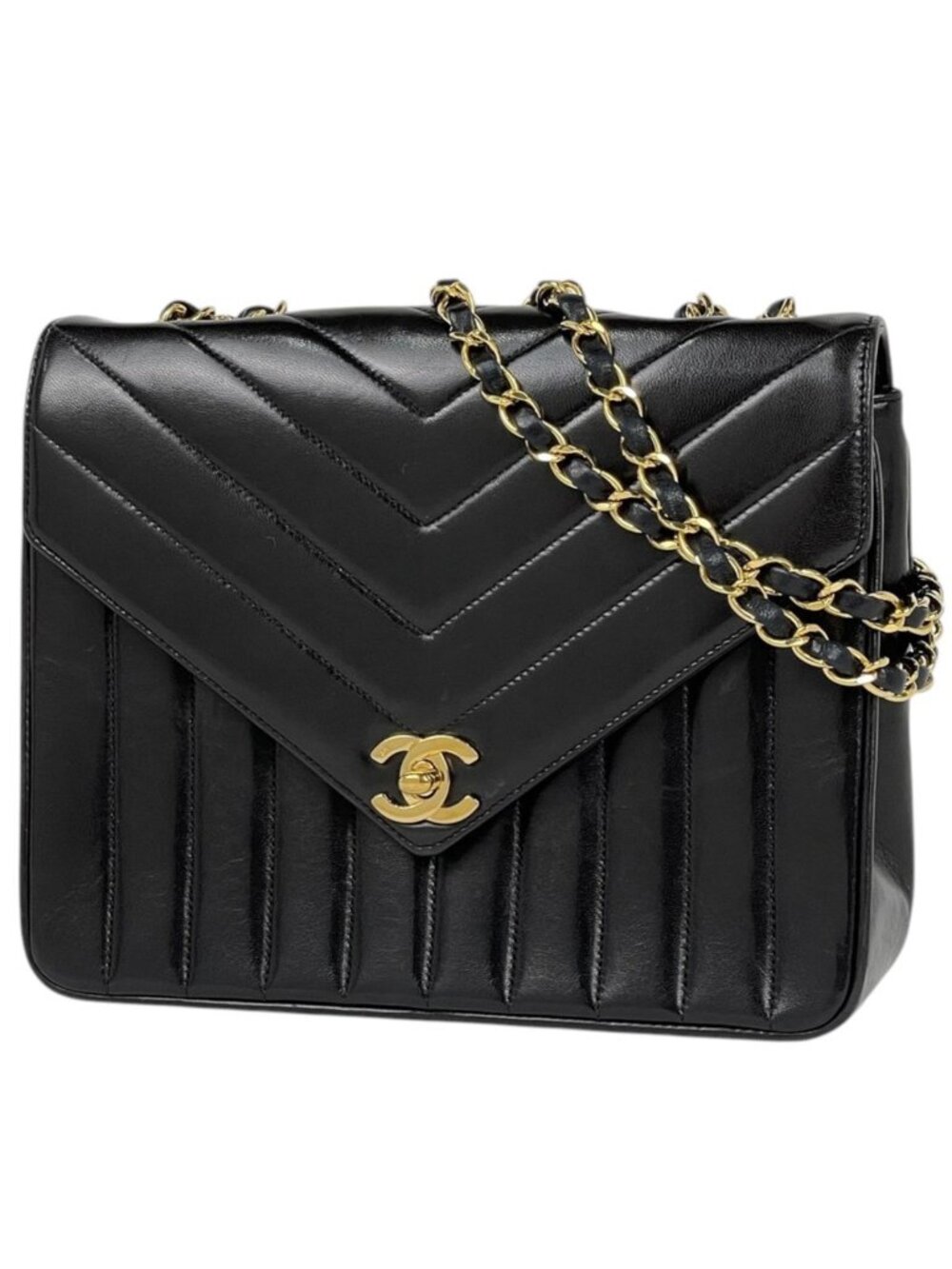Chanel Shoulder Bag CC Logo V-stitch Mademoiselle Chevron Leather Black